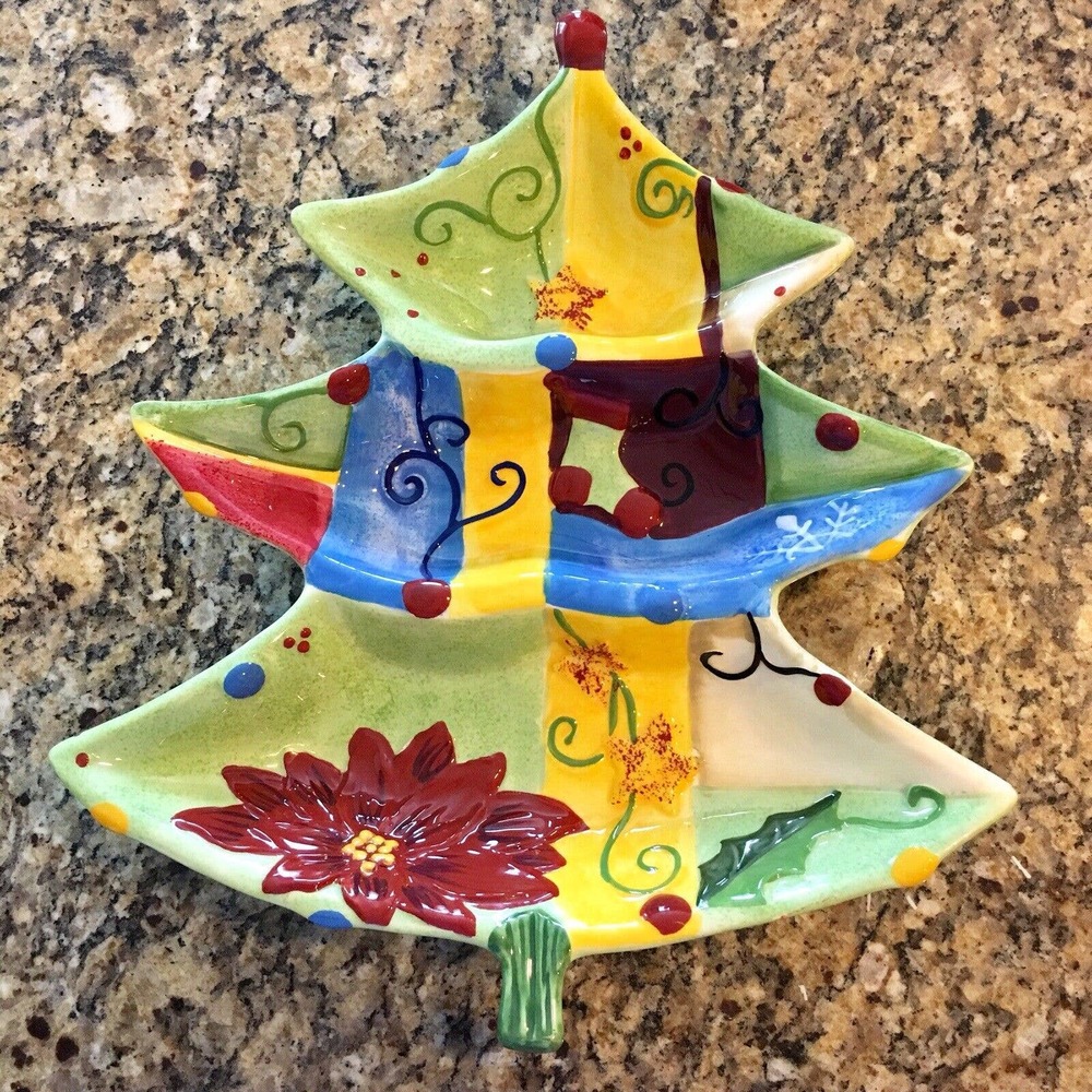 CORSICA Holiday Quilt Christmas Tree Shaped Divided Serving Dish Tray Platter